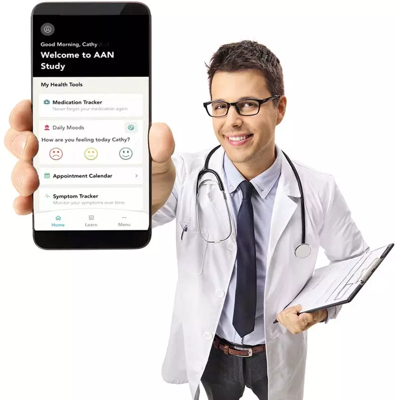 Doctor with clipboard in one hand, and a mobile phone in the other, holds up the Asthma Storyline app on his phone to present the app.