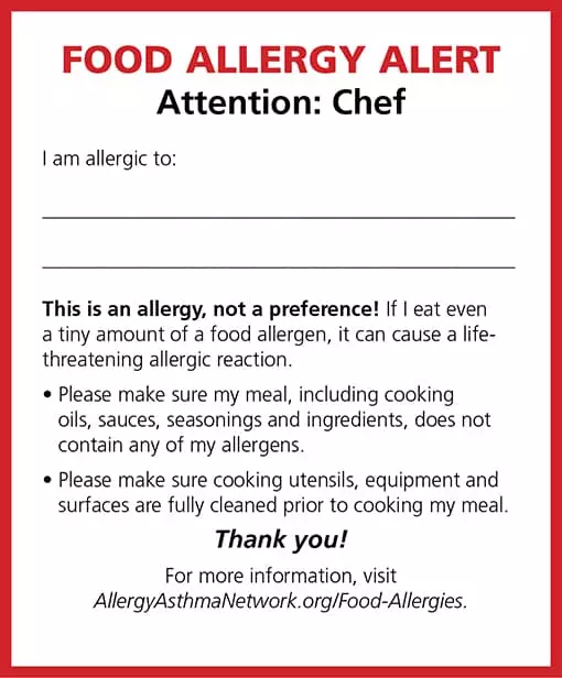 Graphic of a food allergy chef card