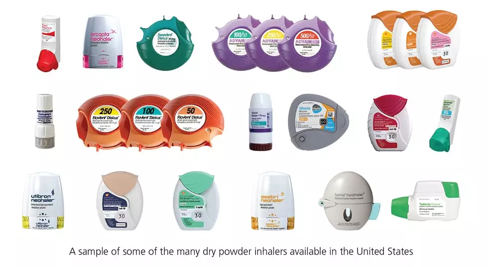 Montage of the many different types of Dry powder inhalers available in the US