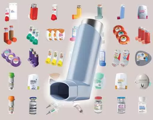 Montage of various asthma medications on a grey background.