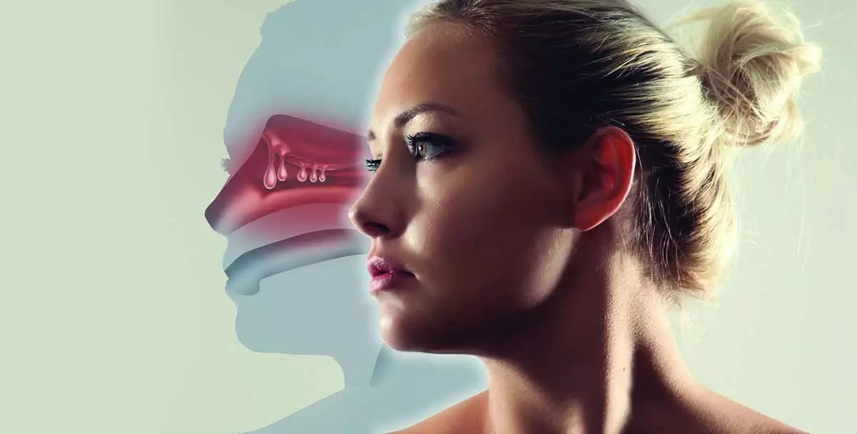 Photo of young woman with Nasal Polyps illustration in the background