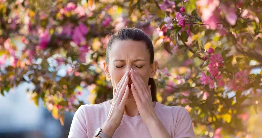 Photo of woman sneezing in front of blooming tree