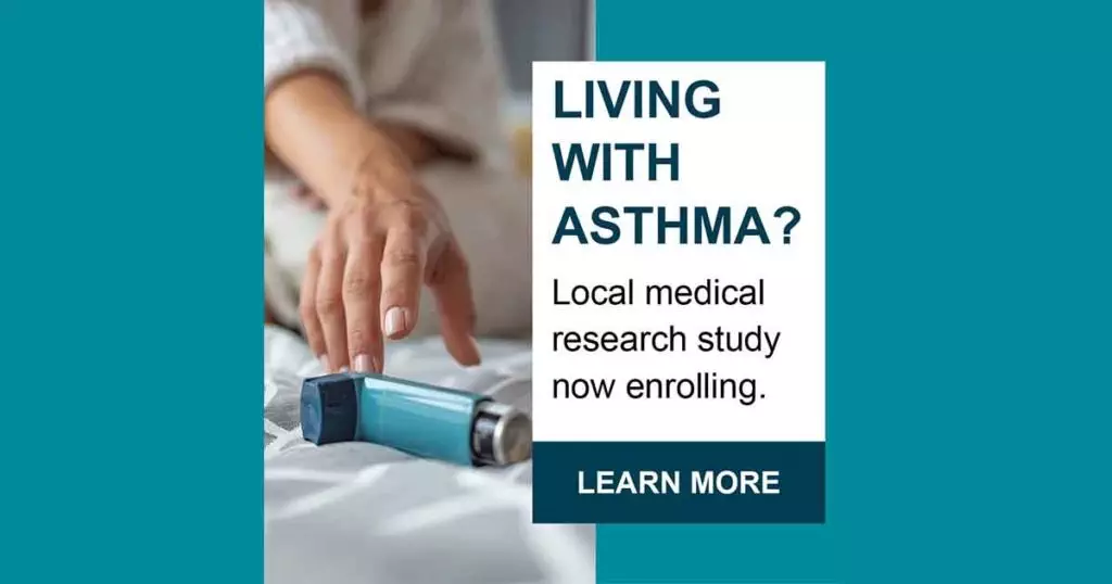 Image for living with asthma survey featuring a hand reaching for an inhaler
