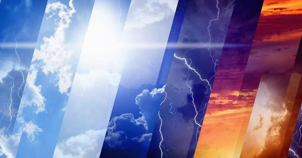 Photo of Weather forecast concept background - variety weather conditions, bright sun and blue sky; dark stormy sky with lightnings; sunset and night