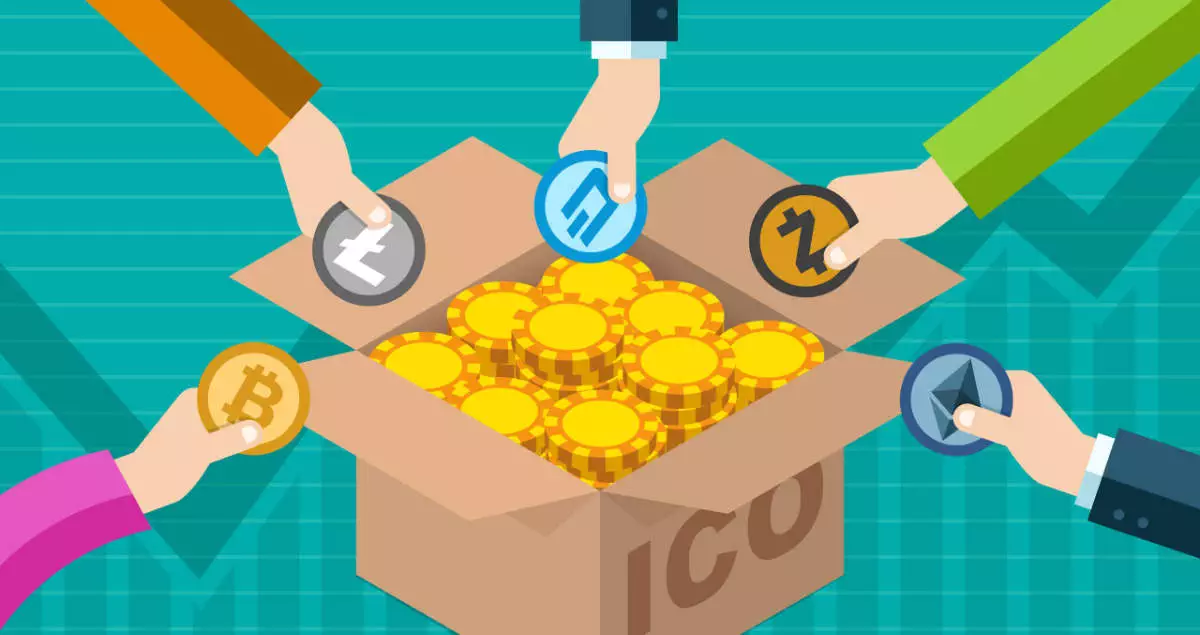 Graphic of various people's arms donating cryptocurrency to a box. The box is labeled ICO for Initial Coin Offering as a take on fundraising with cryptocurrency.