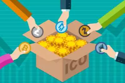Graphic of various people's arms donating cryptocurrency to a box. The box is labeled ICO for Initial Coin Offering as a take on fundraising with cryptocurrency.