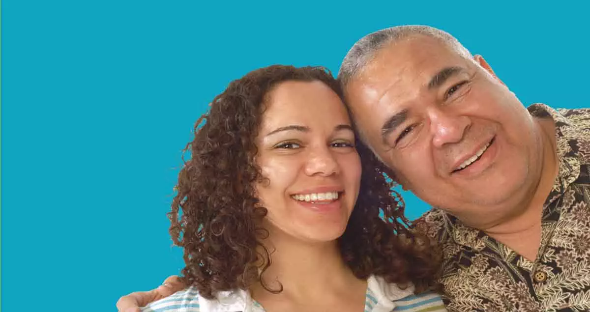 Photo of HIspanic father and daughter head to head and smiling.