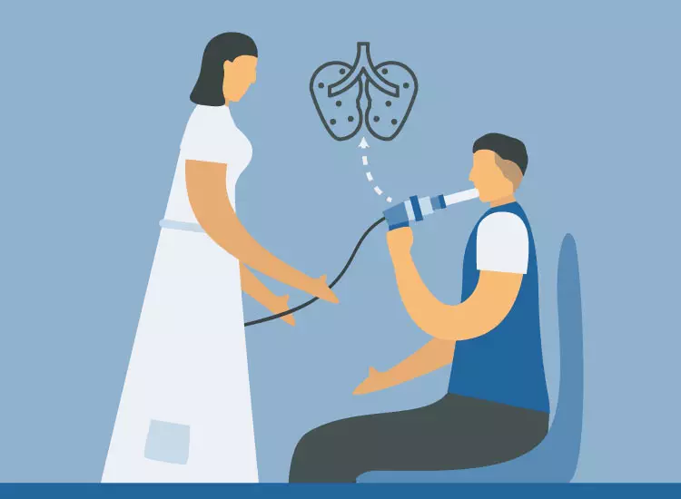 Illustration of nurse testing man for asthma using a medical device.