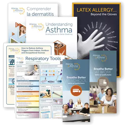 Collage of thumbnails of digital download products available from Allergy Asthma Network