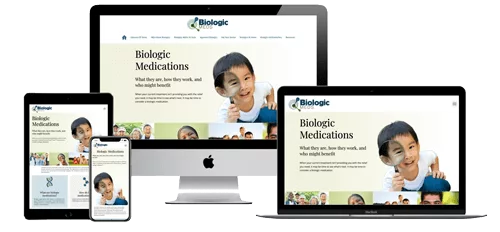 Mockups of the Biologic Meds website on desktop computer, laptop, tablet, and phone.