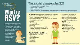 Infographic is What is RSV. Contains brief description, who is high risk, and the symptoms in infants and older children or adults.
