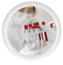 Photo icon of covid-19 researcher showing blood samples.