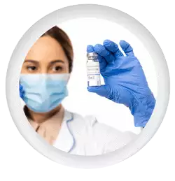 Photo icon of tech worker holding up Covid-19 vaccine bottle