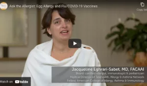 Video still of Covid and Egg Allergy webinar with photo of Dr. Jacqueline Eghrari-Sabet