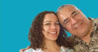 Photo of HIspanic father and daughter head to head and smiling.
