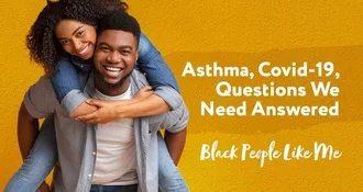 Playful image of Black man with Black woman on his back and both are smiling. The words Asthma, Covid-19, Questions we need answered. Black People Like me.